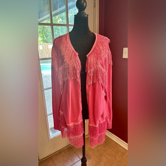 Chaus Pink Fringe Cardigan Sweater XL Sequin Beaded Western Boho Glam Jacket - Picture 1 of 8